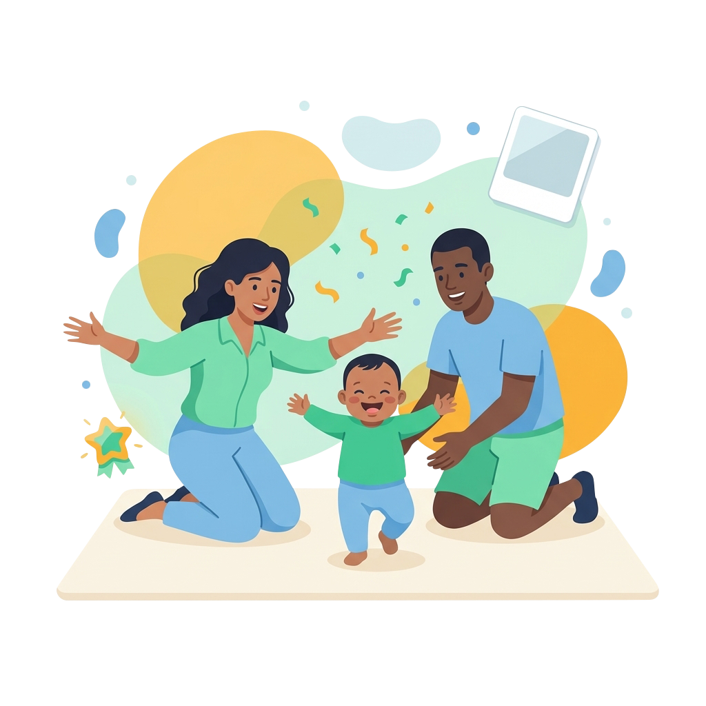 Happy family with baby using Nille app